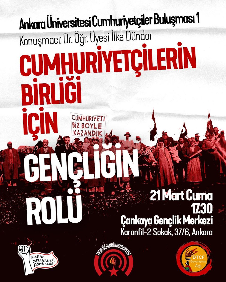 Ankara Üniversitesi Cumhuriyetçiler Buluşmaları'nın ilk oturumunu duyuruyoruz. Kapadokya Üniversitesi Siyaset Bilimi ve Kamu Yönetimi'nden hocamız Dr. Öğr. Üyesi İlke Dündar'ın katılacağı buluşmamıza tüm Ankara Üniversitesi öğrencileri davetlidir.  

docs.google.com/forms/d/1tJCTh…