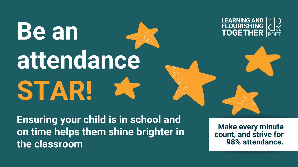 🌟Be an attendance STAR! 🌟

Let your child’s light shine in the classroom, by ensuring they are in school and on time. Every lesson counts.

#ProudtobePDET