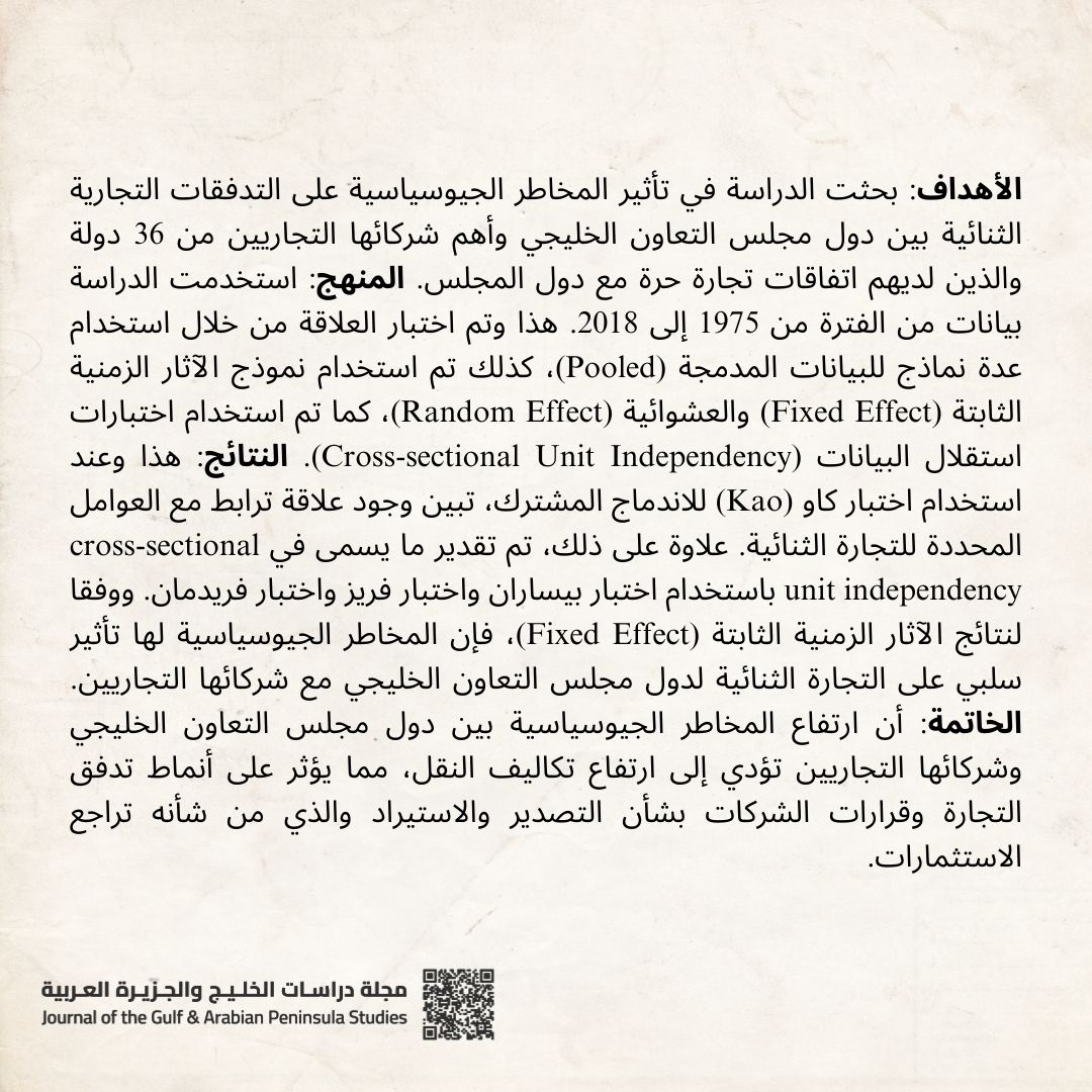 صدر عن مجلة دراسات الخليج باللغة الإنجليزية: أثر المخاطر الجيوسياسية على التدفقات التجارية لدول مجلس التعاون الخليجي
وائل محمد الشويعي - نايف نزال الشمري - سلطان بشير الشمري
doi.org/10.34120/jgaps…
#اقتصاد #مخاطر_جيوسياسية #دول_مجلس_التعاون #التدفقات_التجارية #JGAPS
