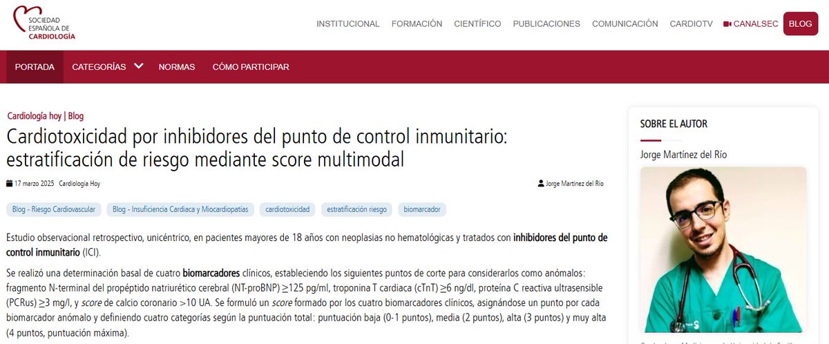 “El empleo de biomarcadores clínicos y su integración en un score podrían resultar útiles en la estratificación de riesgo basal de cardiotoxicidad de pacientes candidatos a tratamiento con ICI”, destaca <a href="/J_MartinezDR/">JMartinezDR</a>. #BlogSEC <a href="/JovenesSec/">JóvenesSEC</a> ow.ly/ZyTl50ViRWH