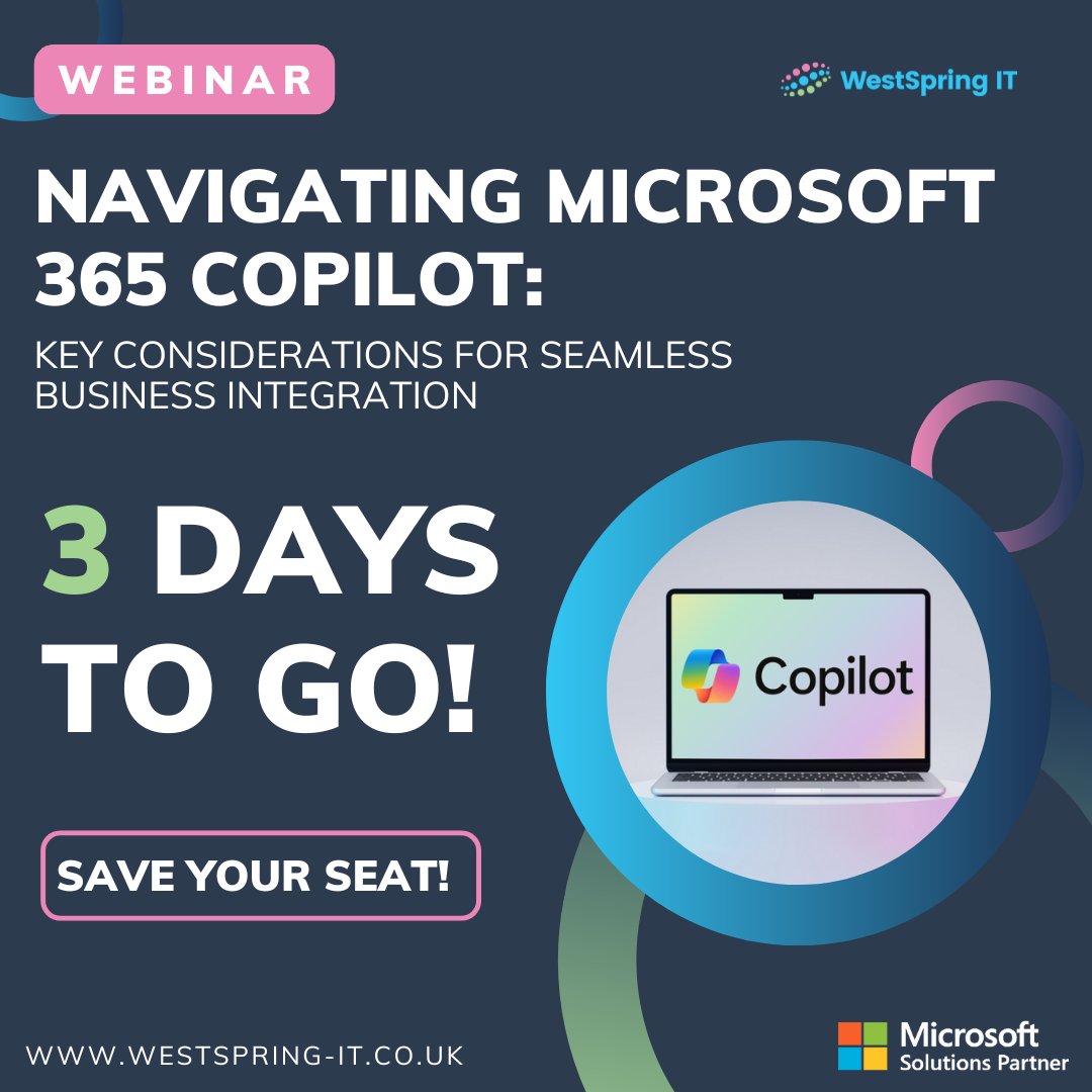 3 DAYS TO GO!

Our Copilot webinar in right around the corner!

Join us to discover how Microsoft 365 Copilot can revolutionise the way you work.

Time's ticking to get signed up!

📅Date: 19/03/25

⏰Time: 11:00am

Guarantee your spot here:
"Link"

#Microsoft #Copilot #Webinar
