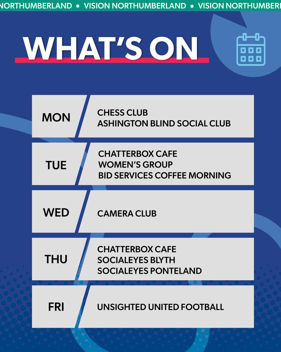 🗓️✨ WHAT’S ON THIS WEEK ✨🗓️
There’s 𝘀𝗼𝗺𝗲𝘁𝗵𝗶𝗻𝗴 𝗳𝗼𝗿 𝗲𝘃𝗲𝗿𝘆𝗼𝗻𝗲 𝗮𝘁 𝗩𝗶𝘀𝗶𝗼𝗻 𝗡𝗼𝗿𝘁𝗵𝘂𝗺𝗯𝗲𝗿𝗹𝗮𝗻𝗱! Whether you fancy a game of chess or a kickabout with Unsighted United, we’ve got you covered. ⚽♟️  

For more info DM or call 01670 514316. 📞