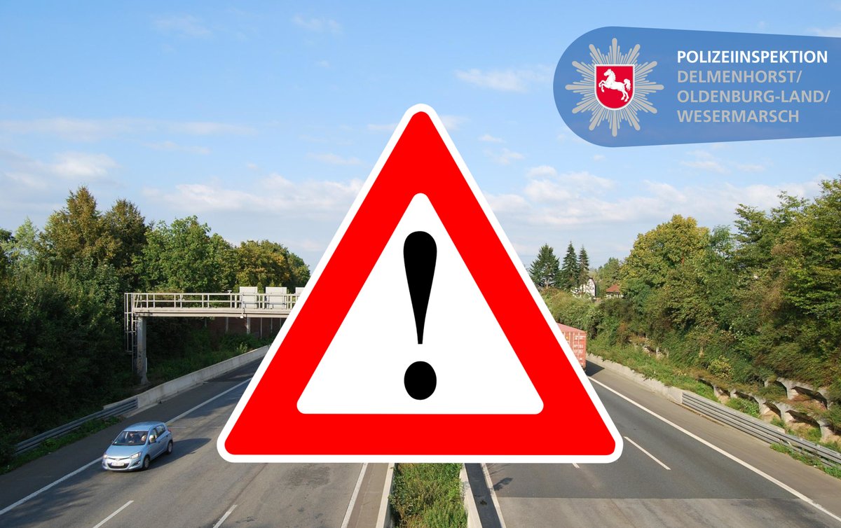 Polizei_DEL's tweet photo. ⚠️ Achtung ⚠️
Auf der #Autobahn1 in #Harpstedt kommt es aktuell zu Behinderungen.
Zwischen #GroßIppener und #Wildeshausen ist die Fahrbahn in Richtung #Osnabrück durch einen Sattelzug blockiert.
Es wird empfohlen, die Autobahn1 bereits in #Stuhr zu verlassen.
*as https://t.co/r0LaSpwrf0