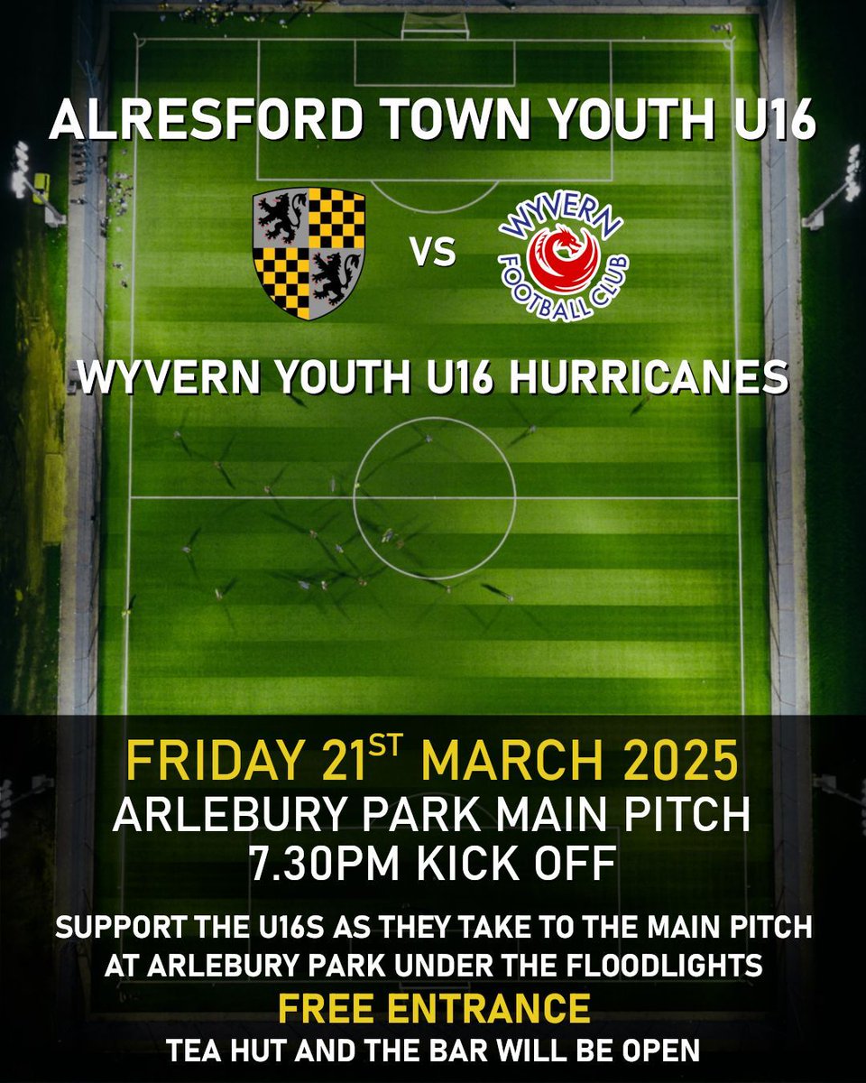 The rescheduled U16s match against Wyvern, under the Arlebury Park lights, is taking place this Friday 7.30pm. Please come along to support the boys! Free entry, bar and tea hut will be open!