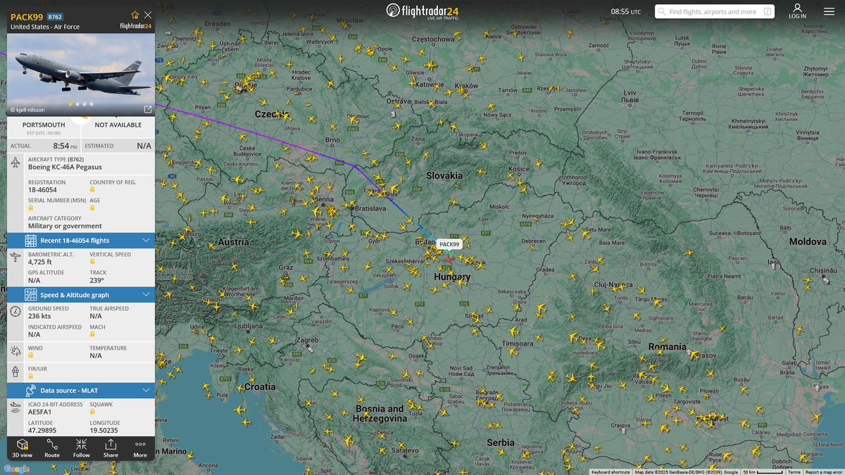 AIYeyENGDdJkjTr's tweet image. Mar. 17, 2025
#Portsmouth ANG Base ==&amp;gt; #Budapest,Hungary

#PACK99 #AE5FA1 USAF KC-46A Pegasus