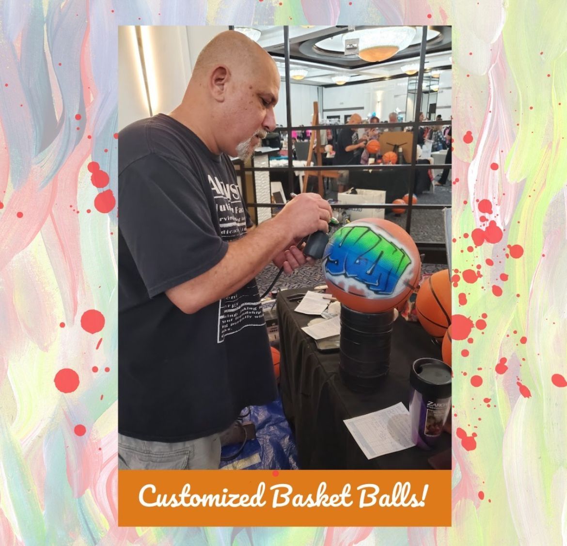 Matthew Lipp in action painting at an event 💛
DM us now to book a live performance for your special occasion!

#airbrushing #airbrushingartist #giftsforkids #giftsforteens #artistatwork #customgiftideas #festercustomairbrushing #airbrushart