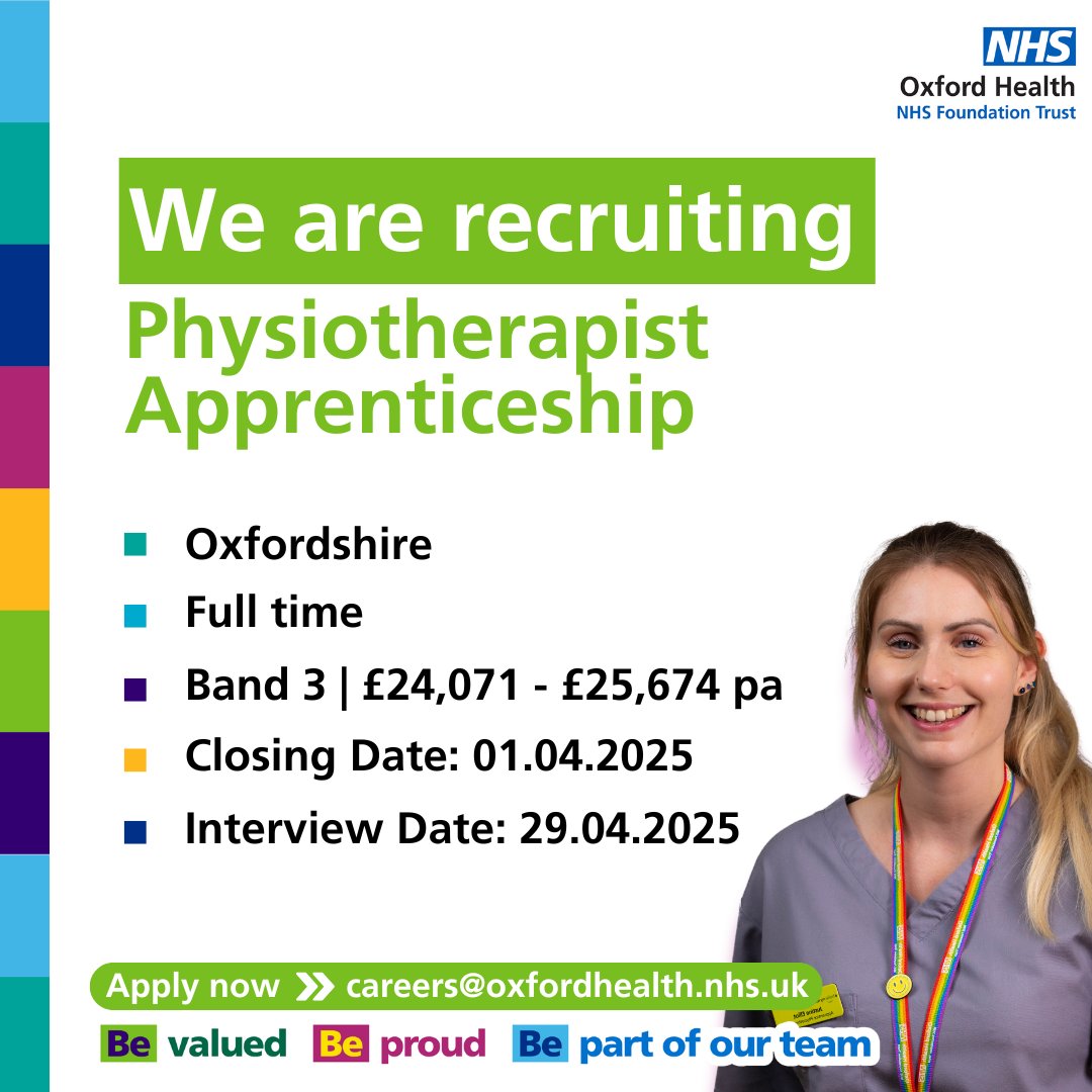 We are looking for a dedicated BSc Physiotherapy Apprentice to join our team!

💻 loom.ly/-ZpqxNg
📆 Closing date - 01.04.25

#OneOHFT #WorkWithUs #Hiring #NHSJobs #JoinOurTeam