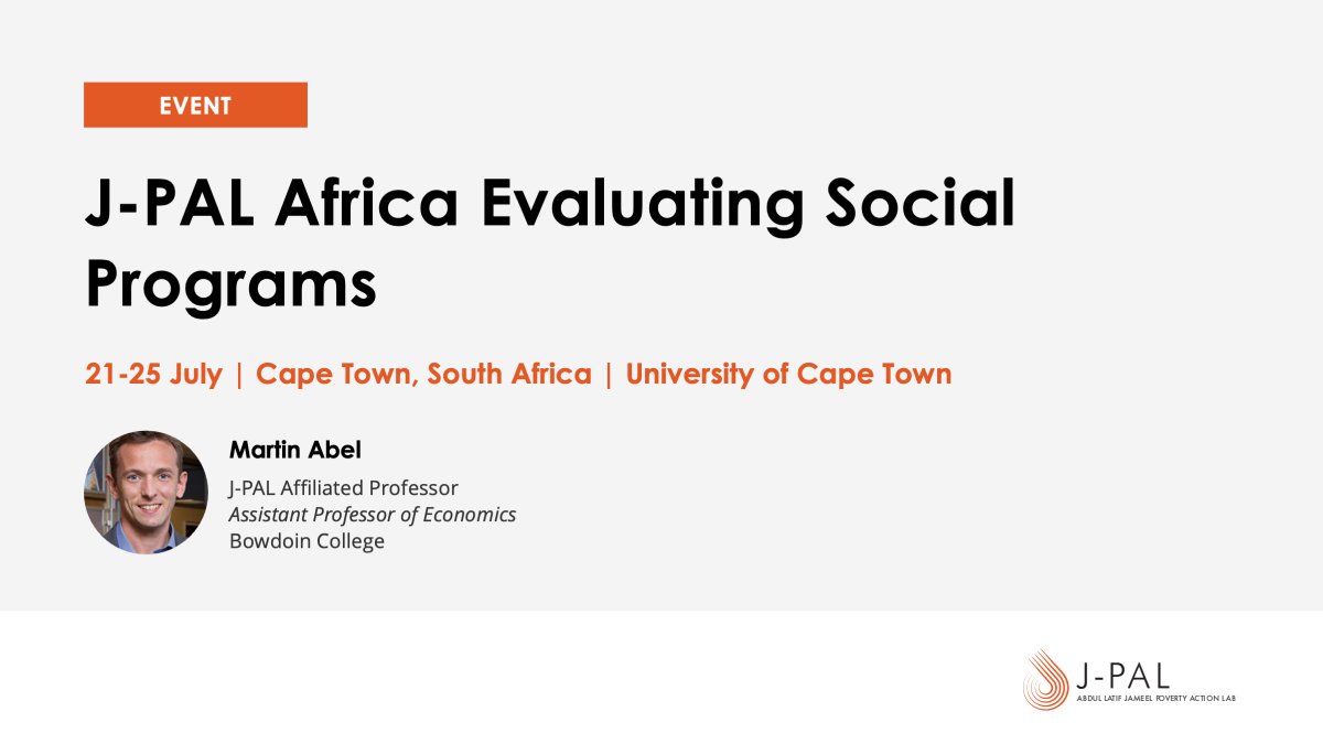 J-PAL Africa (@jpal_africa) on Twitter photo 📢 Join us at our annual Evaluating Social Programs Course in Cape Town! Learn more from J-PAL Affiliated Professor <a href="/martinabel_econ/">Martin Abel</a> , amongst others, about how to, when to, and why to conduct randomized evaluations. Apply & learn more ➡️ j-p.al/bfn 📢 Join us at our annual Evaluating Social Programs Course in Cape Town! Learn more from J-PAL Affiliated Professor <a href="/martinabel_econ/">Martin Abel</a> , amongst others, about how to, when to, and why to conduct randomized evaluations. Apply & learn more ➡️ j-p.al/bfn