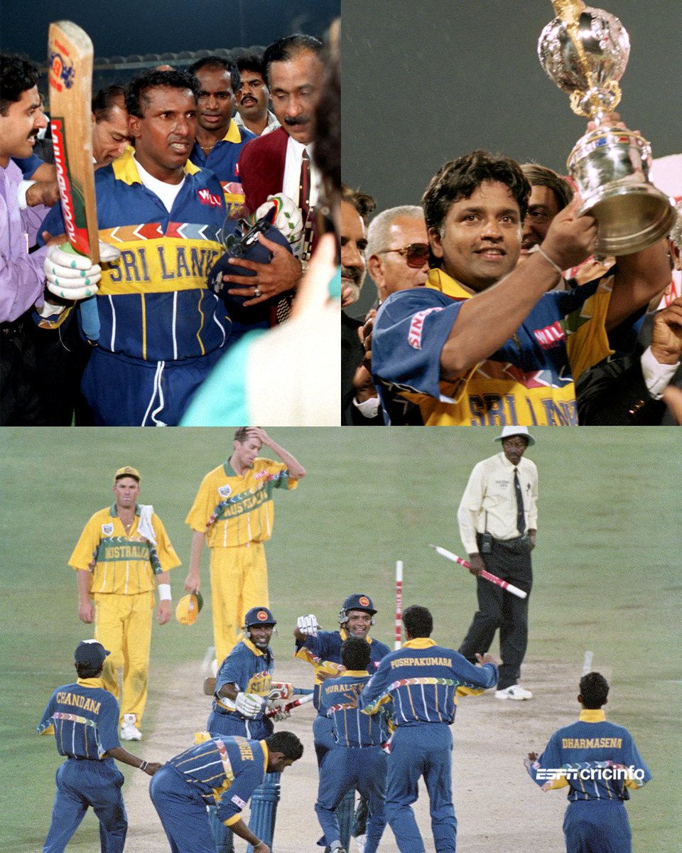 100-1 outsiders before the tournament, #OnThisDay in 1996 Sri Lanka scripted a fairy tale for the ages 🏆 

It was the Aravinda de Silva show against Australia - 3 wickets &amp; an unbeaten 💯 

Scorecard: bit.ly/4iuTm0r