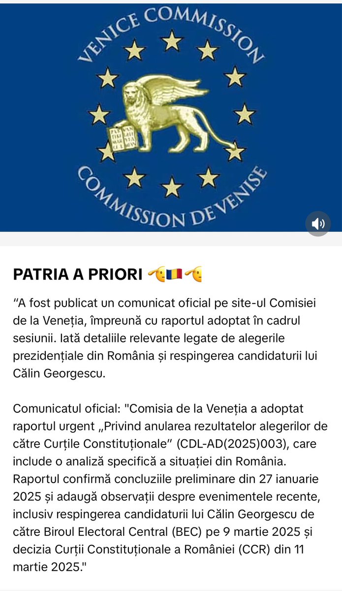 DrNeculai's tweet photo. 🇹🇩CALIN GEORGESCU PRESIDENT OF ROMANIA
The Venice Commission confirms that the annulment of the 2024 presidential elections and the rejection of Calin Georgescu's candidacy for the 2025 elections were made in serious violation of democracy,the laws and the constitution of Romania https://t.co/xPEA624GSx