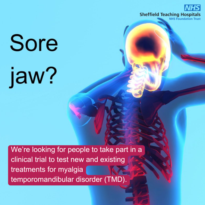 📣Have pain in your temple, face, jaw or jaw joint once a week or more?  Have pain once a week or more when you open your mouth or chew?  

If so, you might be eligible to join a trial comparing existing &amp; new treatments for #jawpain.   

Find out more: blogs.ncl.ac.uk/painresearch/m…