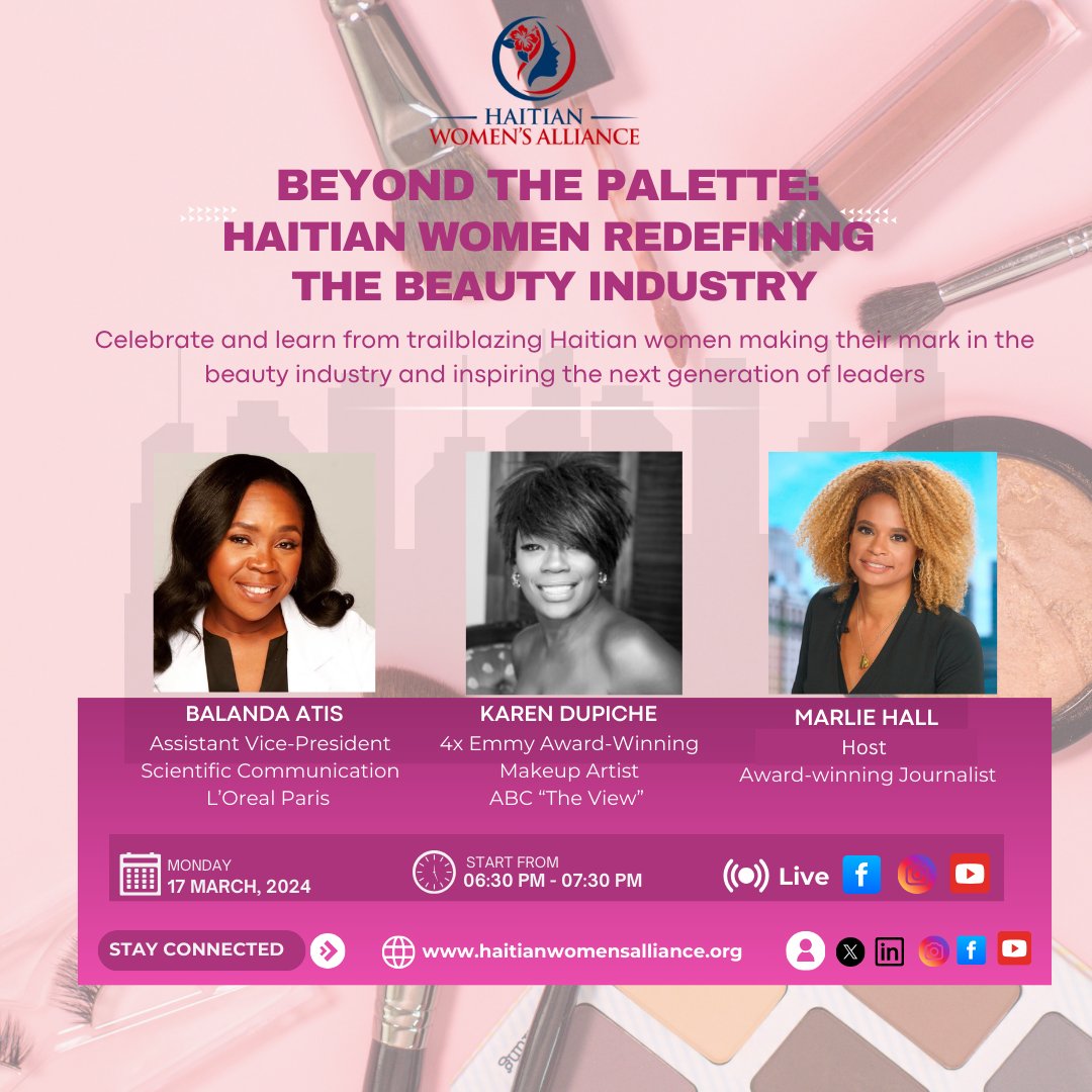 🚨 Celebrating Haitian Women in Beauty! 🚨Join us for an inspiring convo with trailblazers <a href="/KarenDupiche/">Karen Dupiche</a>  &amp; <a href="/Batis106/">Balanda Atis</a>, hosted by <a href="/MarlieHall/">Marlie Hall</a> Today at 6:30 PM ET LIVE on HWA’s Facebook, YouTube &amp; IG youtube.com/watch?v=Ot5VM2…
#HaitianWomenInBeauty #WomenHistoryMonth #Haiti