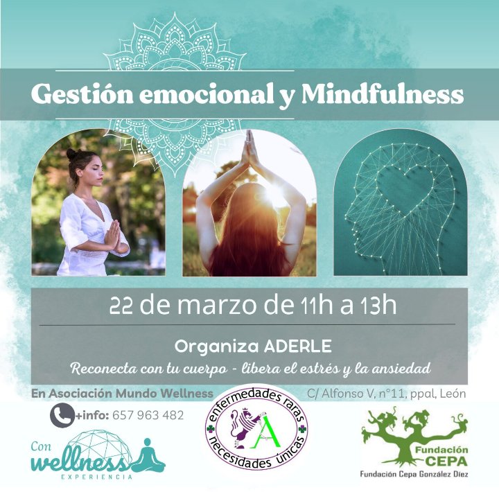 Nuevo taller para socios y familias de gestión emocional y Mindfulness este sábado 22 de marzo en Experiencia Wellness . Aprende a liberal la ansiedad. Muchísimas gracias a <a href="/FundacionCepa/">Fundación CEPA</a> por todo su apoyo. 

#aderlemasvisible #enfermedadesrarasnecesidadesunicas Somos <a href="/FEDER_ONG/">FEDER | Enfermedades Raras</a>