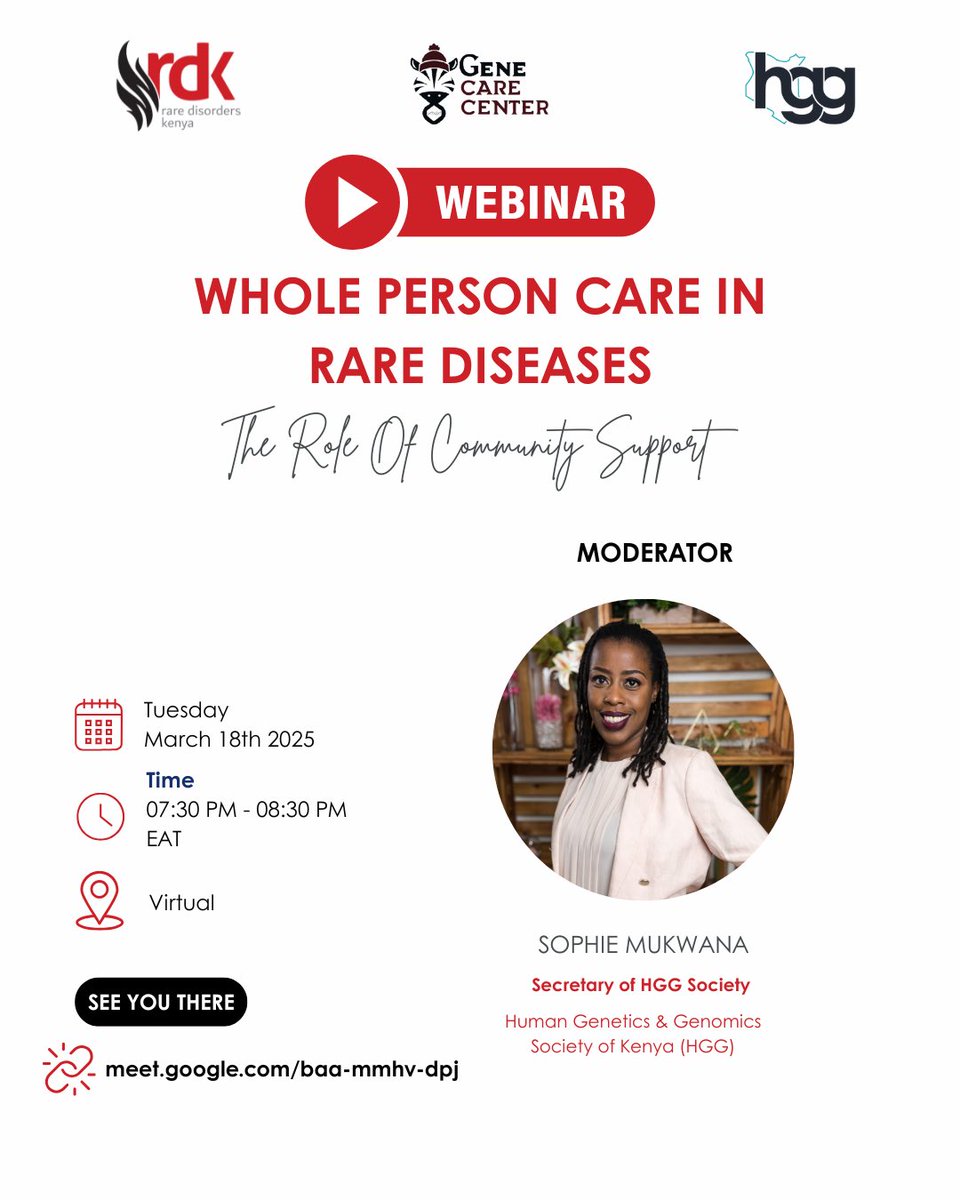 Exciting News!🎉🎉

We're thrilled to have Sophie Mukwana, the Secretary of <a href="/hgg_ke/">Human Genetics & Genomics Society of Kenya</a>, as our moderator for tomorrow's webinar! 💜

We can't wait to see you all there!

Be sure to share this with your network—let's spread awareness on #rarediseases