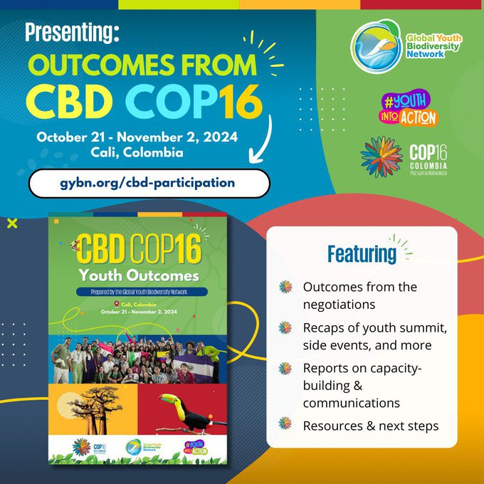 UNBiodiversity's tweet image. ✨Exciting News!
#GYBN official #CBDCOP16 #outcomes are now LIVE! 
Check out key outcomes, summit highlights, side event takeaways, &amp;amp; next steps for youth in the biodiversity process!

🔗to the report: gybn.org/cbd-participat…

via @GYBN_CBD