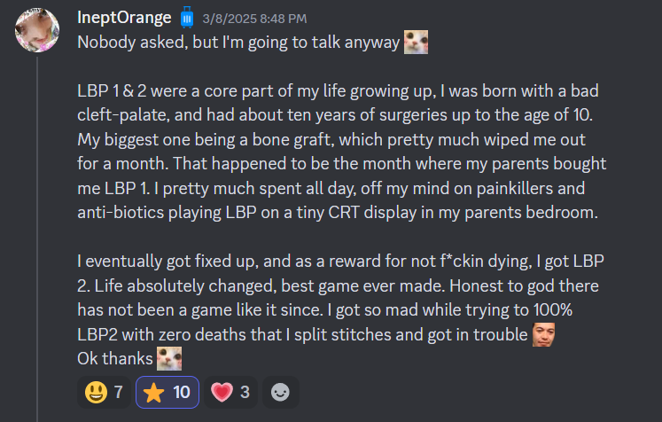 LBPUnion's tweet photo. 💡 Here's an inspiring story about #littlebigplanet from IneptOrange on our Discord. 💙 https://t.co/9p2HqRRdqs