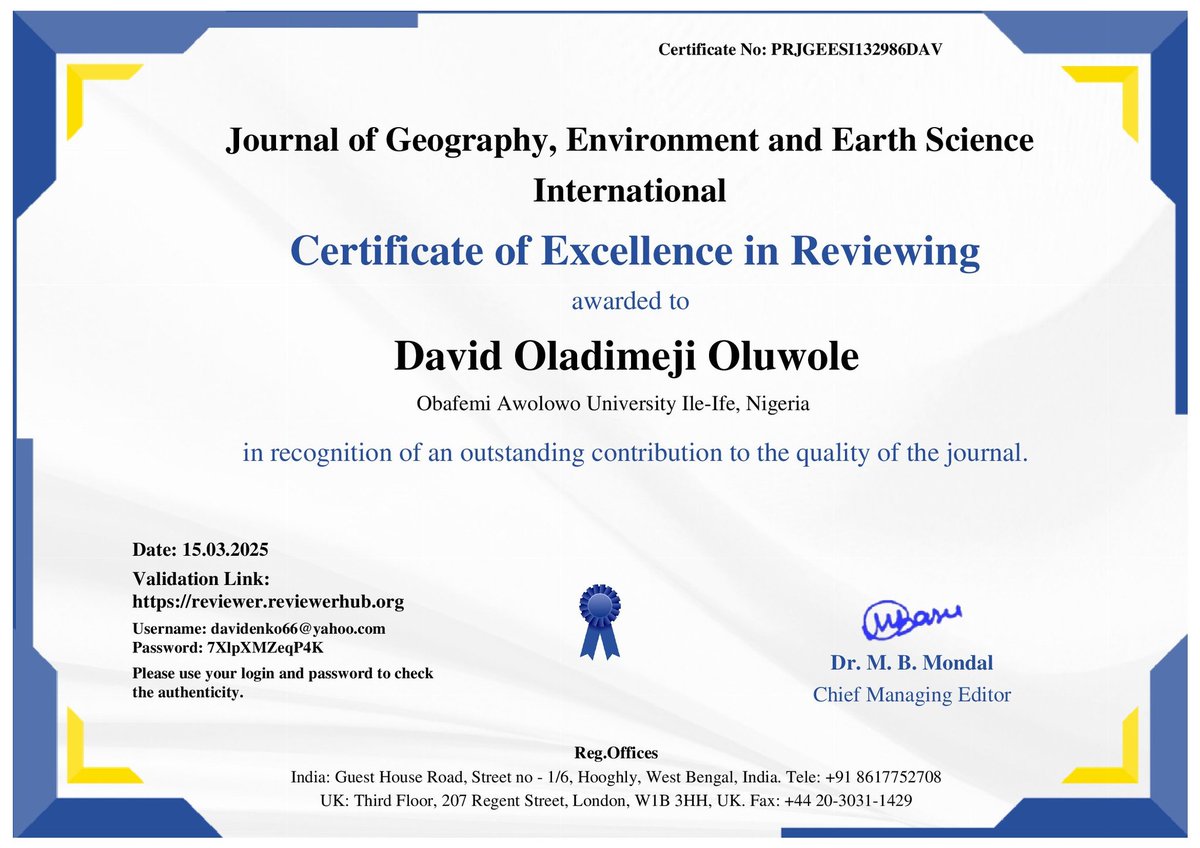 oluwoledavid12's tweet photo. ✍️😀🤳🌏🌏🦩📃🦾 I thanked God for receiving a peer research reviewer's certificate in journal of Geography, Environment and Earth Science International 📊💯🌀🦃🦚📋📊📈🐼 https://t.co/7AFGFXeR70