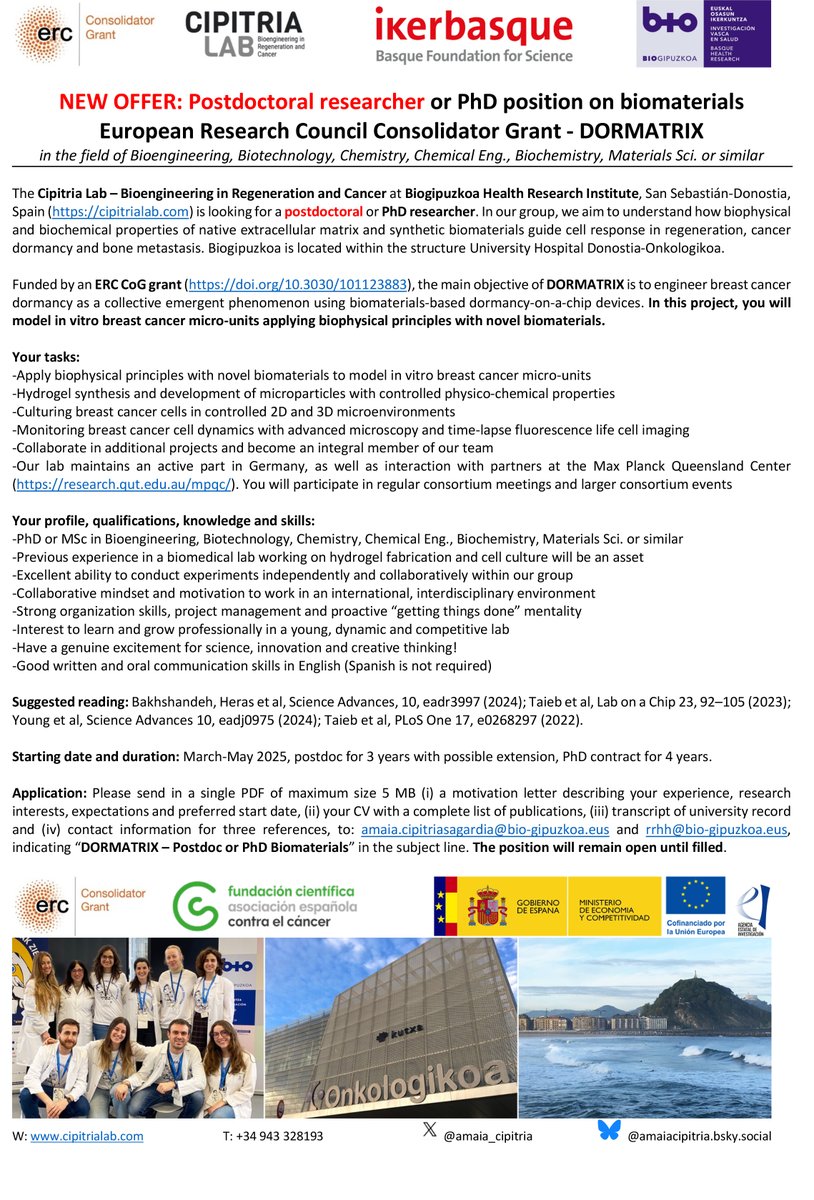 Amaia Cipitria (@amaia_cipitria) on Twitter photo We are hiring, please RT! Two vacancies in the <a href="/ERC_Research/">European Research Council (ERC)</a> project #DORMATRIX. (1/2) #Postdoc or #PhD working on #breastcancer #dormancy with novel #biomaterials. Bioengineering, Biotechnology, Chemistry, Biochemistry, Materials Sci. or similar. 👉bit.ly/42b1ptR We are hiring, please RT! Two vacancies in the <a href="/ERC_Research/">European Research Council (ERC)</a> project #DORMATRIX. (1/2) #Postdoc or #PhD working on #breastcancer #dormancy with novel #biomaterials. Bioengineering, Biotechnology, Chemistry, Biochemistry, Materials Sci. or similar. 👉bit.ly/42b1ptR