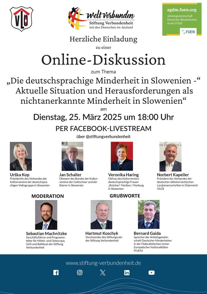 Online-Diskussion "Die deutschsprachige #Minderheit in #Slowenien"

‍Die #StiftungVerbundenheit lädt gemeinsam mit der Arbeitsgemeinschaft Deutscher Minderheiten (<a href="/AGDMBerlin/">AGDM</a>) zu einer neuen Ausgabe des Online-Veranstaltungsformats "Deutsche Minderheiten stellen sich vor" am 25.