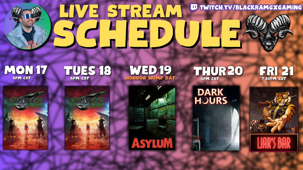 BlackRamGXGami1's tweet photo. This week's live stream schedule!
More Final Fantasy 7 Rebirth, a NEW horror experience in an Asylum, becoming a burglar who's unexpectedly chased by ghosts, and curving out the new updates to Liar's Bar!
https://t.co/0uTMAIKF11
#finalfantasy7 #asylumgame #darkhours #liarsbar https://t.co/Rm8pUtFo7g