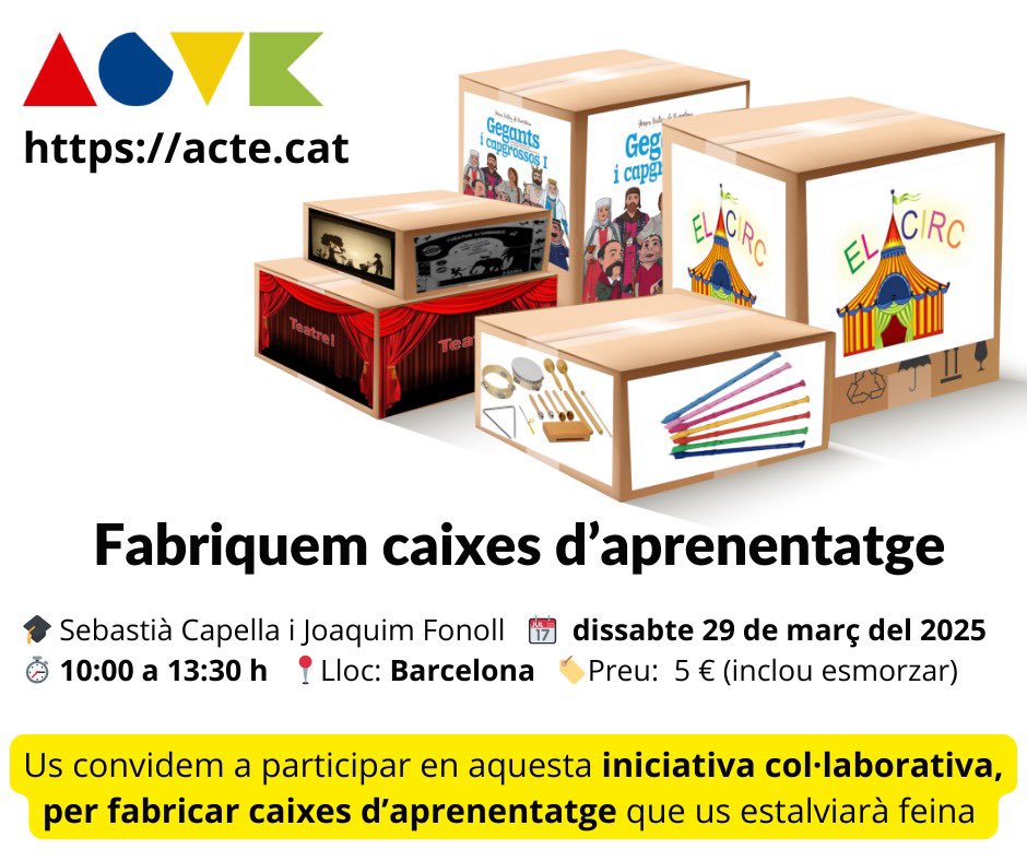 Fabrica la teva caixa d’aprenentatge!

🗓️ 29 de març 
⏰ de 10  a 13:30 h
📍Barcelona

👏🏻 Les caixes d’aprenentatge són un model innovador d’organització del treball a l’aula que:
🔝Millora l’atenció a la diversitat.
🫂Potencia el treball en grup i l’aprenentatge cooperatiu.