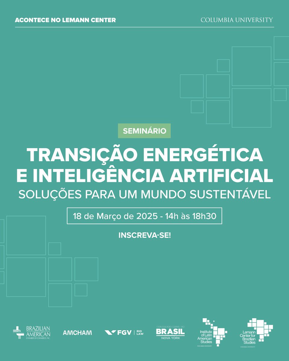 Lemann Center for Brazilian Studies, Columbia Univ (@columbiabrazil) on Twitter photo Acontece amanhã o seminário “Transição energética e inteligência artificial: soluções para um mundo sustentável”, uma parceria <a href="/consuladobrnyc/">consuladobrnyc</a> com Lemann Center, <a href="/ILASColumbia/">ILAS | Columbia University</a>, <a href="/FGV/">FGV</a>, <a href="/Columbia/">Columbia University</a> e <a href="/brazilcham/">Brazilian-American Chamber of Commerce, Inc</a>. Inscreva-se para assistir a transmissão ao vivo: bit.ly/steeialc Acontece amanhã o seminário “Transição energética e inteligência artificial: soluções para um mundo sustentável”, uma parceria <a href="/consuladobrnyc/">consuladobrnyc</a> com Lemann Center, <a href="/ILASColumbia/">ILAS | Columbia University</a>, <a href="/FGV/">FGV</a>, <a href="/Columbia/">Columbia University</a> e <a href="/brazilcham/">Brazilian-American Chamber of Commerce, Inc</a>. Inscreva-se para assistir a transmissão ao vivo: bit.ly/steeialc