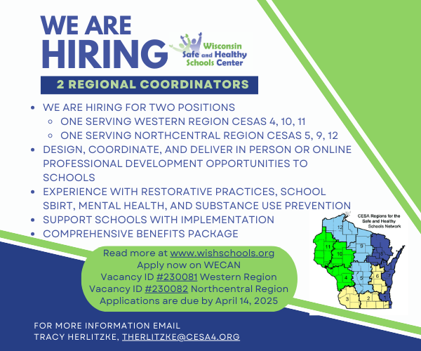 WE ARE HIRING!📣

The deadline to apply is April 14, 2025.❗

Find more information here: wishschools.org/aboutus/employ…

Link to the applications: wecan.waspa.org
Western Regional Coordinator, WECAN #230081
North Central Regional Coordinator, WECAN #230082

#wisconsineducators