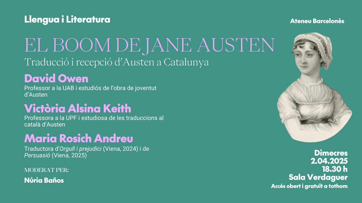 🫖Enguany se celebra el 250è aniversari del naixement de Jane Austen, una de les autores més
llegides i apreciades de la literatura anglesa. 

📚Dimecres 2 d'abril tindrem tres convidats de luxe per parlar-ne: David Owen, Victòria Alsina i Maria Rosich.