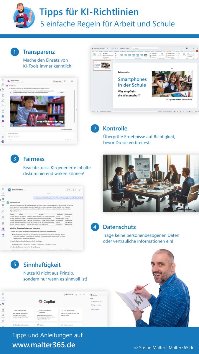 🚀 Viele Schulen und Firmen wünschen sich Richtlinien für den Einsatz von KI-Anwendungen. Auf dieser Infografik findest Du 5 einfache Regeln - und hier im Blog erfährst Du mehr:
malter365.de/copilot/ki-ric…

#LernenmitKI #ChatGPT #Copilot #MicrosoftEDU #twlz