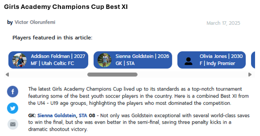 Sienna Goldstein (@sienna_gk) on Twitter photo Thank you <a href="/TopDrawerSoccer/">TopDrawerSoccer</a> for naming me the GK on your combined Best XI from the U14-U19 age groups at the <a href="/GAcademyLeague/">Girls Academy</a> Champions Cup! Still so excited about my <a href="/STA_Soccer/">STA Soccer</a> U17 team's cup win🏆🏆🏆 <a href="/kellysimsSTA/">Kelly Sims</a> <a href="/t0m_shields/">Tom Shields</a> #zackroth Thank you <a href="/TopDrawerSoccer/">TopDrawerSoccer</a> for naming me the GK on your combined Best XI from the U14-U19 age groups at the <a href="/GAcademyLeague/">Girls Academy</a> Champions Cup! Still so excited about my <a href="/STA_Soccer/">STA Soccer</a> U17 team's cup win🏆🏆🏆 <a href="/kellysimsSTA/">Kelly Sims</a> <a href="/t0m_shields/">Tom Shields</a> #zackroth
