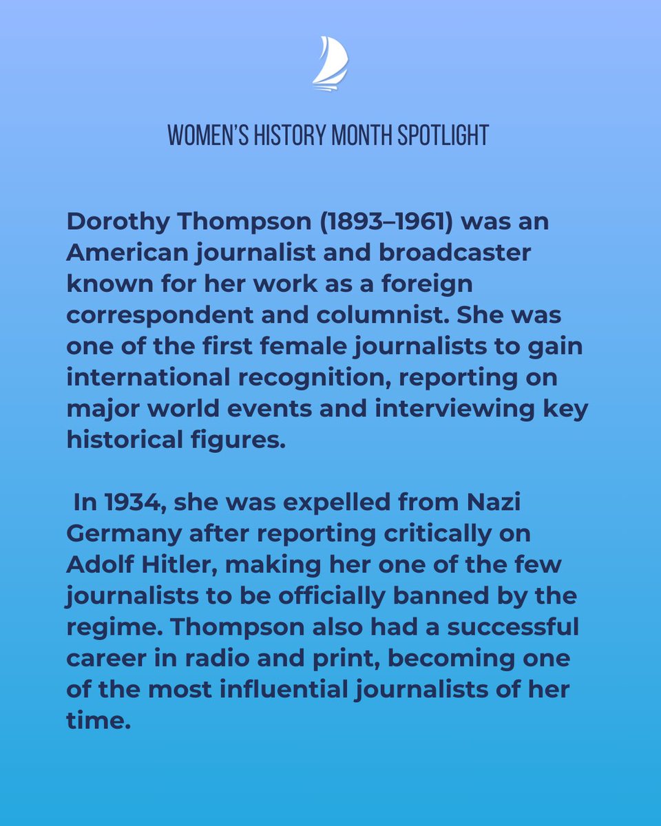 Women’s History Month spotlight of the week:  Dorothy Thompson.⁠
⁠
Swipe to read more about Dorothy's life and legacy.