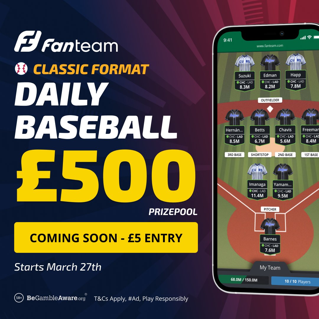 FanTeamOfficial's tweet photo. 🚨 MLB IS BACK on Fanteam DFS! 🚨

To celebrate the Tokyo Series, we’re giving away 10 x £5 entries to our MLB Opening Day contests on March 27th! ⚾🔥

To enter:
✅ Like
✅ Retweet
✅ Comment your total runs prediction across the 2 games!

Closest answers win! 🏆

#MLB https://t.co/Ywl73ZvVPU