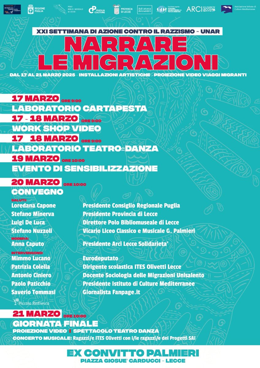 marinorsi's tweet photo. Narrare le migrazioni
Inizia oggi a #Lecce una settimana ricca di appuntamenti: spettacoli teatrali, danza, lavoratori di cartapesta, convegno e workshop.
XXI settimana di azione contro il razzismo - Unar https://t.co/aSwQ9Kb2ds