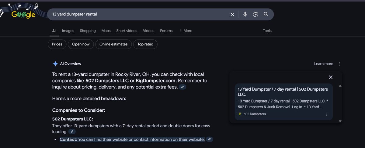 N8Louis's tweet photo. I search for 13 yard dumpster rental expecting to get results in or near my location. AiOverview's top recommendation... a dumpster rental company serving Kentucky. When you click on contact, the first link is to a completely different company located in Michigan. #GoogleisBroken https://t.co/kL8eluId3l