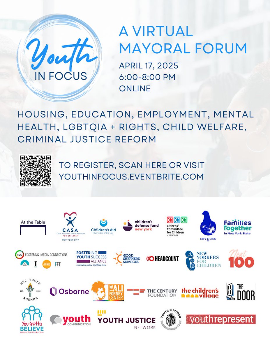 We support youth voice, leadership, and action. That’s why we’re helping to make the Youth in Focus Mayoral Forum happen. NYC’s young people are asking the tough questions, and candidates need to listen. Join us 4/17, 6-8 PM on Zoom.

RSVP: youthinfocus.eventbrite.com #NYCYouthForum