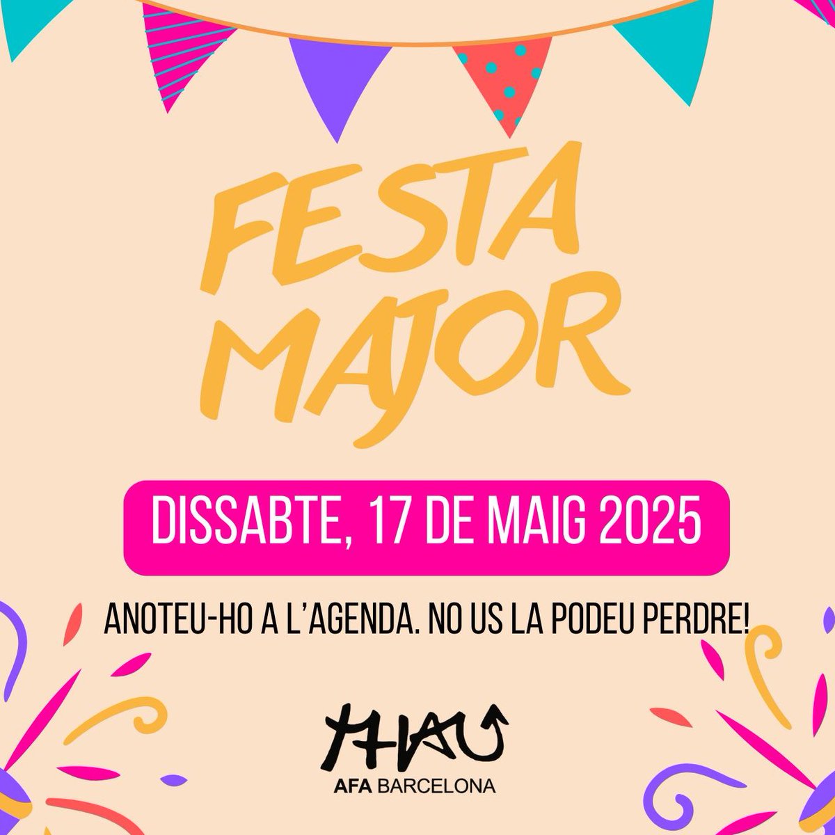 Benvolgudes famílies! 🤗
🔜 Ja tenim data per a la festa major 2025! Serà el dissabte 17 de maig!!! 🎉
No hi podeu faltar!

<a href="/thaubarcelona/">Escola Thau BCN</a> #Thau #ThauBarcelona