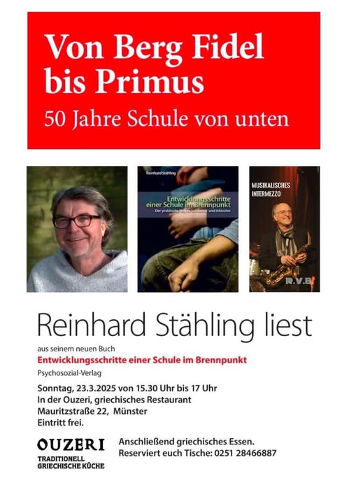 Das Primus Schulmodel, eine solidarische Schule für alle, für Münster u NRW. Dr. Stähling liest aus seinem Buch vor, aus über 30 Jahren Berufs-Erfahrung in Berg Fidel.