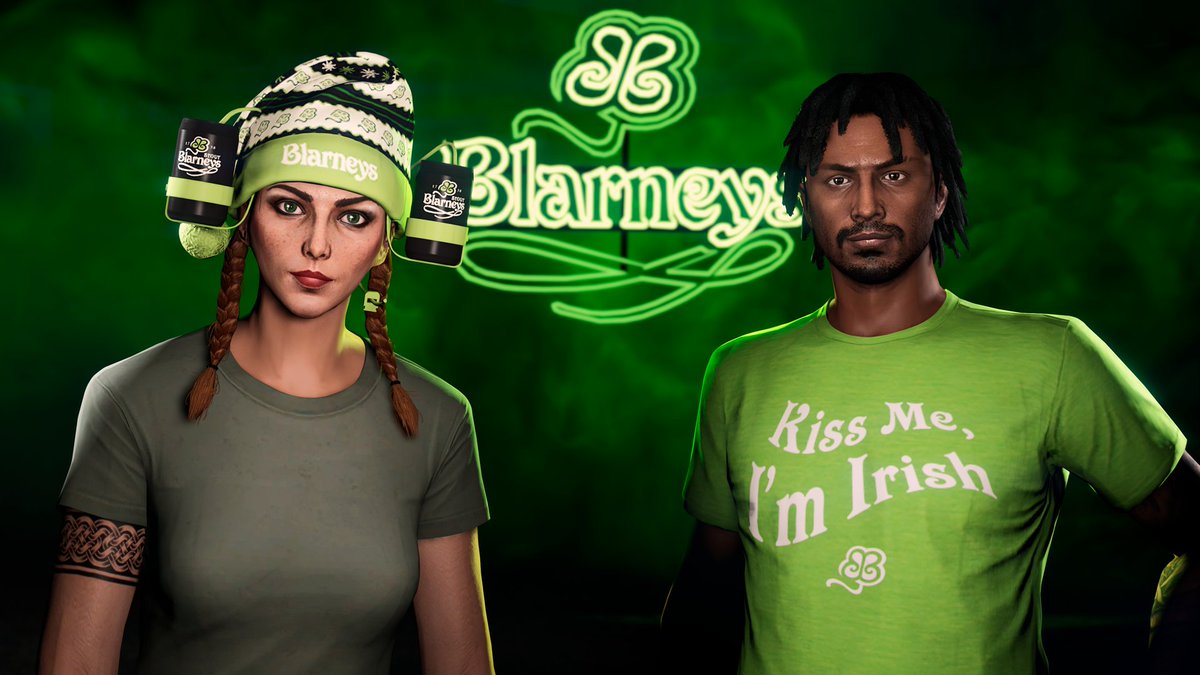 Happy St. Patrick’s Day!

Play GTA Online through March 19 to get the Blarneys Stout Tee. Players on PS5, Xbox Series X|S, and PC (Enhanced) can complete the look with a matching Blarneys Festive Beer Hat: rsg.ms/f4e2384