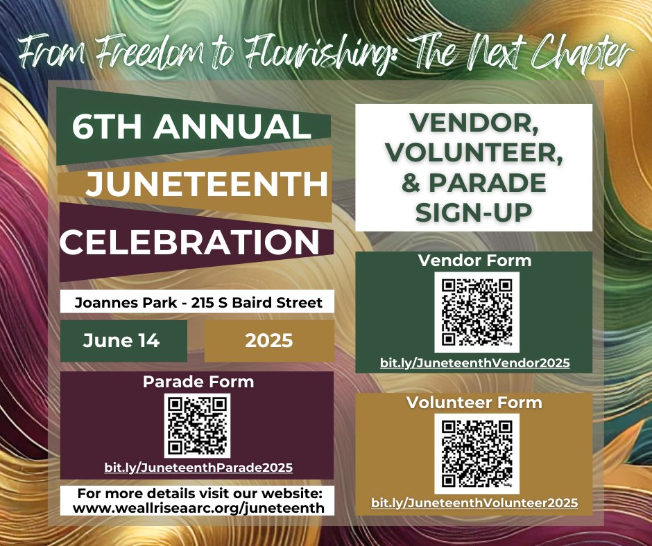 Celebrate Black excellence, culture, and leadership at our 6th Annual Juneteenth Celebration. Sign up today to be part of the movement!

🔗 Parade - bit.ly/JuneteenthPara…
🔗 Vendors - bit.ly/JuneteenthVend…
🔗 Volunteers - bit.ly/JuneteenthVolu…