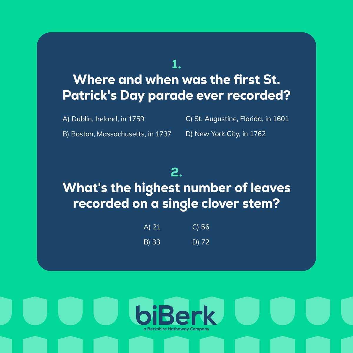 biberkinsurance's tweet image. 🍀 Think You’ve Got the Luck of the Irish? 🍀 Put your St. Patrick’s Day knowledge to the test! Take our fun quiz below and see how much you really know. 

#saintpatricksday #biberk #smartaboutsmal #protect #smallbusiness #smallbusinessinsurance #businessinsurance