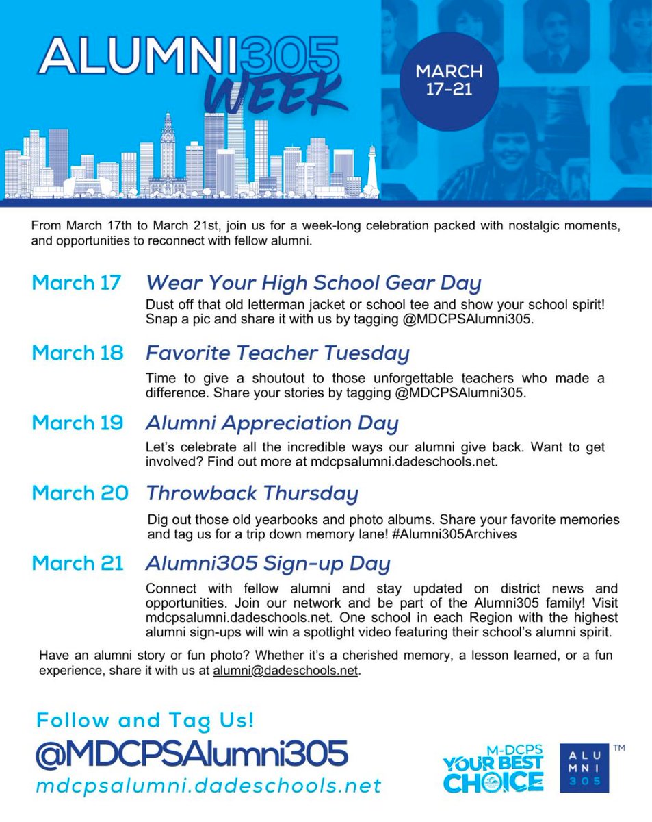 Get ready to celebrate our MDCPS pride with Alumni 305 Week! It's time for a week filled with fun, nostalgia, and reconnecting with fellow graduates. Let's come together to honor our roots and make new memories. #YourBestChoiceMDCPS #Alumni305 mdcpsalumni.almabaseapp.com