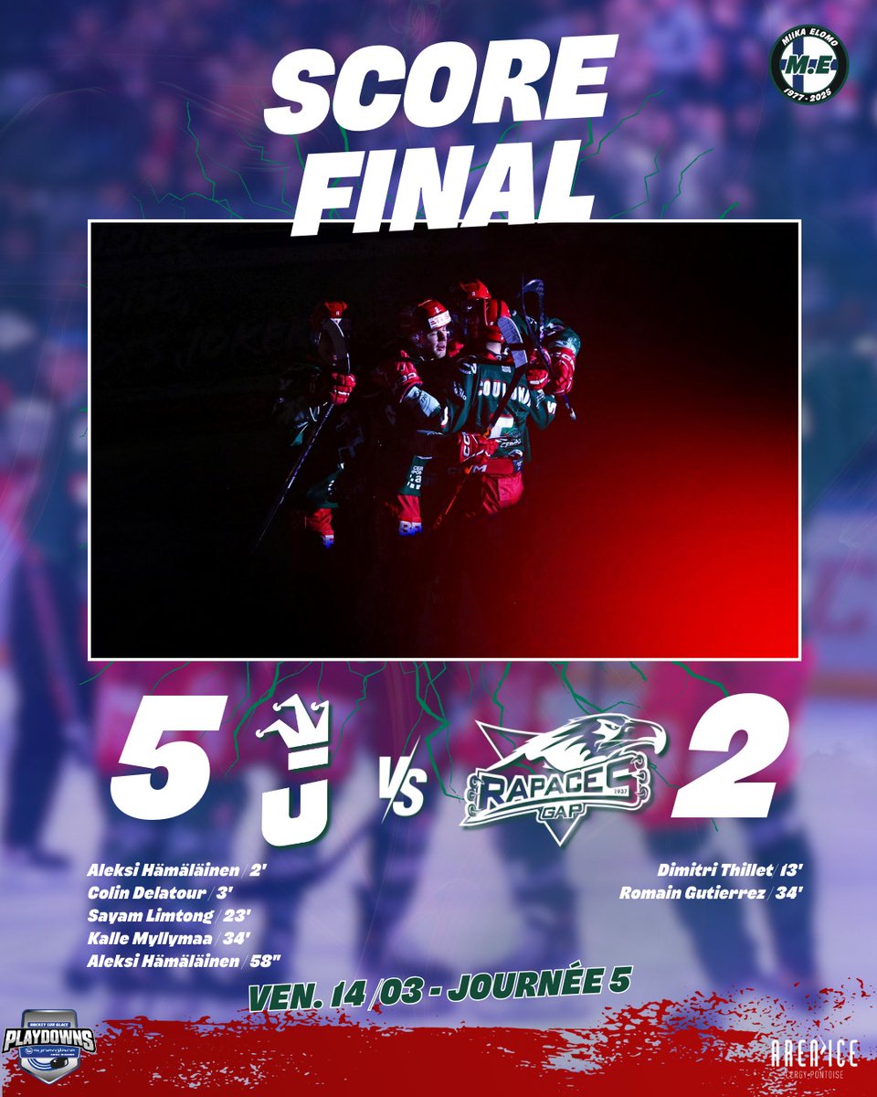 CergyPontoise95's tweet photo. HOCKEY | 🏒🔥 Félicitations aux Jokers qui se maintiennent en Synerglace Ligue Magnus grâce à leur victoire (5-2) face à Gap vendredi dernier ! 🎉💚❤️ Un match sous haute tension ⚡ qui s'est tenu à domicile, à l'#ArenIce ! https://t.co/mOIl4CCa61