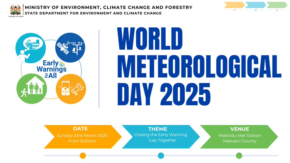 State Dept For Environment & Climate Change (@enviclimatec_ke) on Twitter photo Join us on Sunday, March 23, 2025, at Makindu Meteorological Station, Makueni County, for the national celebration of World Meteorological Day. The theme of the day is "Closing the Early Warning Gap Together." <a href="/HonAdenDuale/">Hon. Aden Duale, EGH</a> <a href="/GvnMutula/">Mutula KilonzoJR CBS</a>
#WorldMeteorologicalDay #EarlyWarningsForAll Join us on Sunday, March 23, 2025, at Makindu Meteorological Station, Makueni County, for the national celebration of World Meteorological Day. The theme of the day is "Closing the Early Warning Gap Together." <a href="/HonAdenDuale/">Hon. Aden Duale, EGH</a> <a href="/GvnMutula/">Mutula KilonzoJR CBS</a>
#WorldMeteorologicalDay #EarlyWarningsForAll
