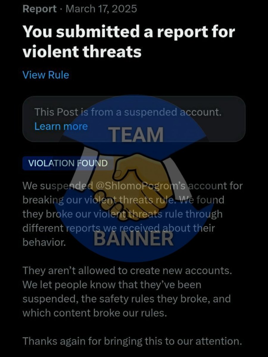 SuspenderTeam's tweet photo. Appreciate @X for taking action against @ShlomoPogrom for violating the violent threats policy. Swift action like this makes X a better place! #ZeroTolerance #SaferX https://t.co/PplCRNMoZ9