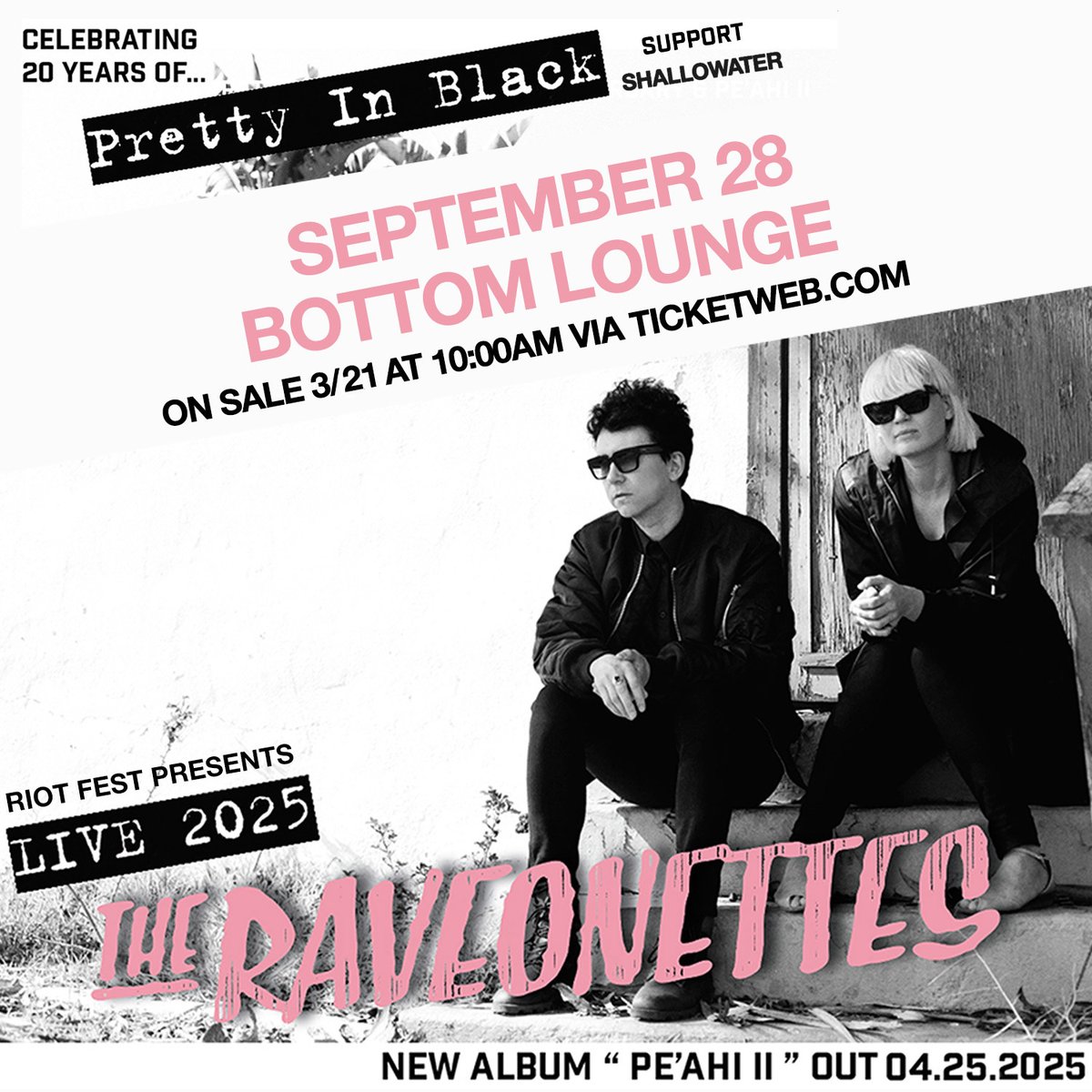 JUST ANNOUNCED! 
The Raveonettes are back to celebrate 20 Years of Pretty in Black on Sunday, September 28th with Shallowater! Tickets on sale Friday at 10am!