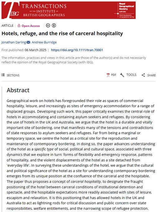 RGS-IBG Higher Ed (@rgs_ibghe) on Twitter photo ๐ขNew paper published in TIBG by <a href="/Jonny_Darling/">Jonny Darling</a> and Andrew Burridge ๐ข
'Hotels, refuge, and the rise of carceral hospitality'. #OpenAccess
doi.org/10.1111/tran.7โฆ ๐ขNew paper published in TIBG by <a href="/Jonny_Darling/">Jonny Darling</a> and Andrew Burridge ๐ข
'Hotels, refuge, and the rise of carceral hospitality'. #OpenAccess
doi.org/10.1111/tran.7โฆ