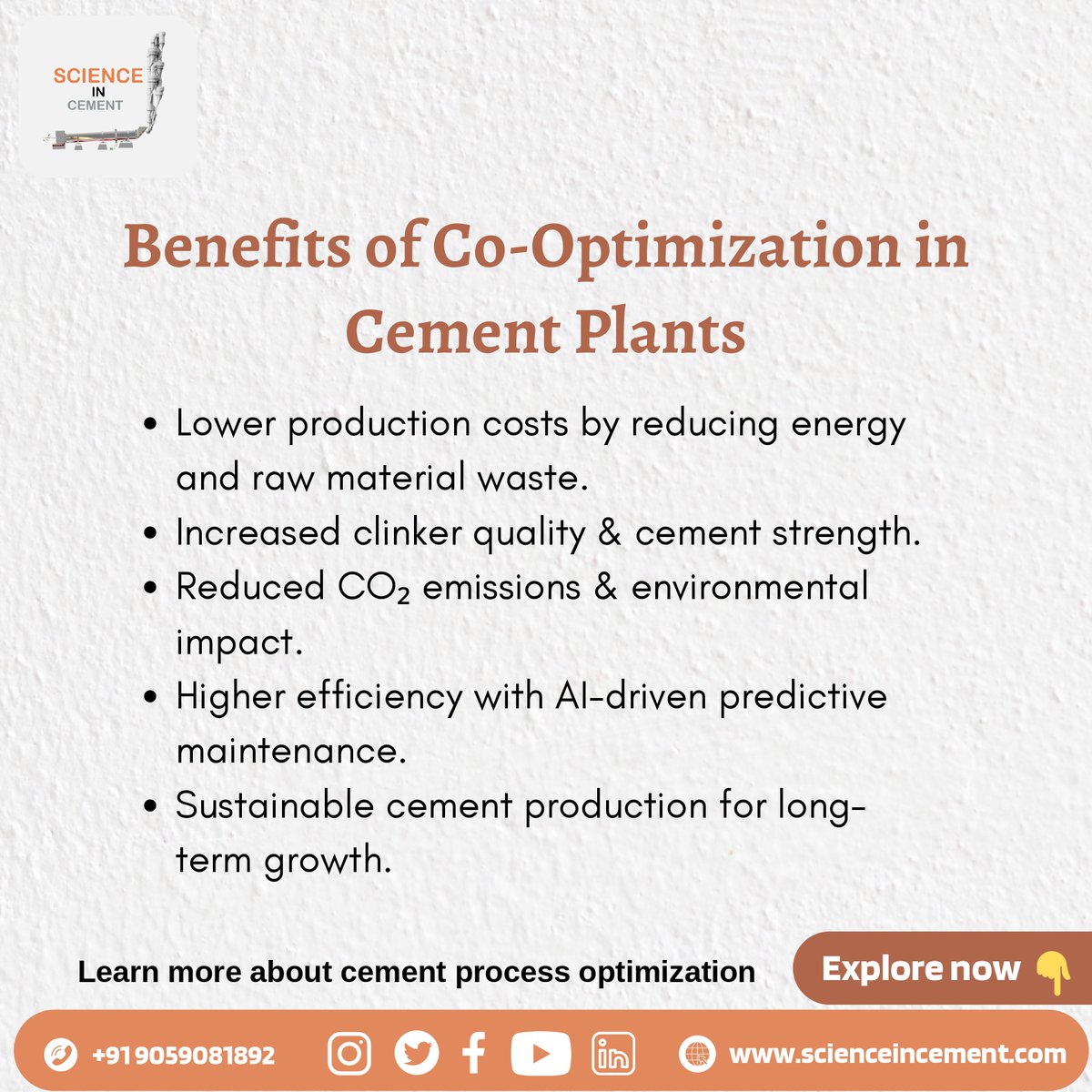 ScienceC79853's tweet photo. **"Optimize your cement manufacturing process with Co-Optimization! 🚀 Enhance fuel efficiency, clinker quality, emissions control, and cost-effectiveness to achieve higher plant performance. ✅🌱

📞 Contact us at: +91 9059081892
🌐 Explore more: https://t.co/nvJu4A53KY https://t.co/j65wOvDGSn
