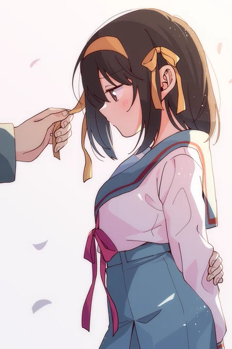 キョンがハルヒのリボンに触れてる絵 