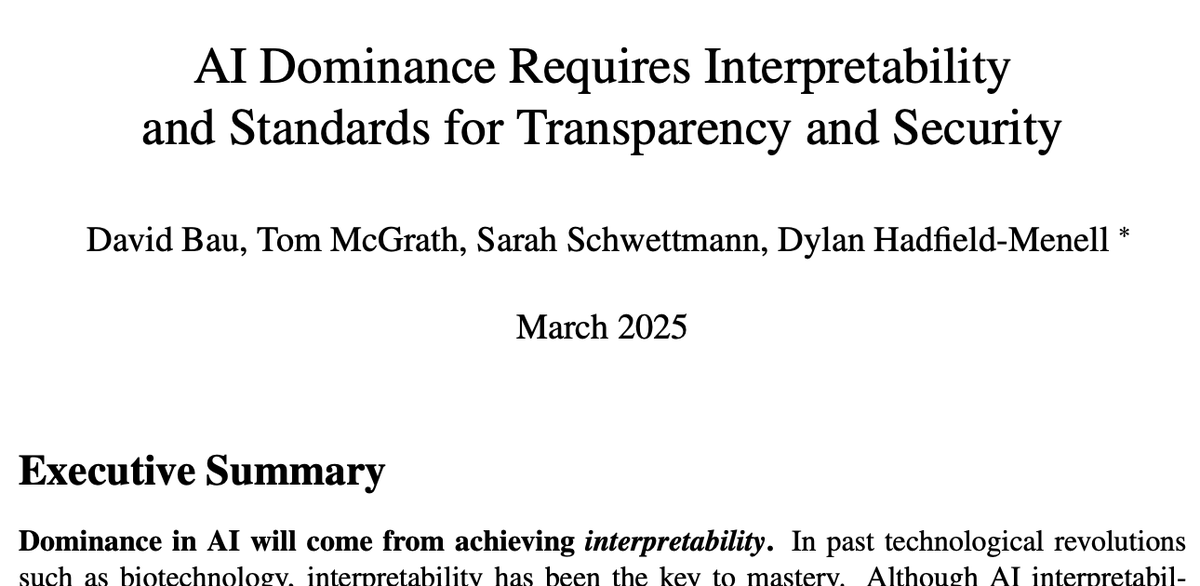 David Bau (@davidbau) on Twitter photo Why is interpretability the key to dominance in AI?
Not winning the scaling race, or banning China.
Our answer to OSTP/NSF, w/ Goodfire's <a href="/banburismus_/">Tom McGrath</a> Transluce's <a href="/cogconfluence/">Sarah Schwettmann</a> MIT's <a href="/dhadfieldmenell/">Dylan HadfieldMenell</a>
resilience.baulab.info/docs/AI_Action…
Here's why:🧵 ↘️ Why is interpretability the key to dominance in AI?
Not winning the scaling race, or banning China.
Our answer to OSTP/NSF, w/ Goodfire's <a href="/banburismus_/">Tom McGrath</a> Transluce's <a href="/cogconfluence/">Sarah Schwettmann</a> MIT's <a href="/dhadfieldmenell/">Dylan HadfieldMenell</a>
resilience.baulab.info/docs/AI_Action…
Here's why:🧵 ↘️