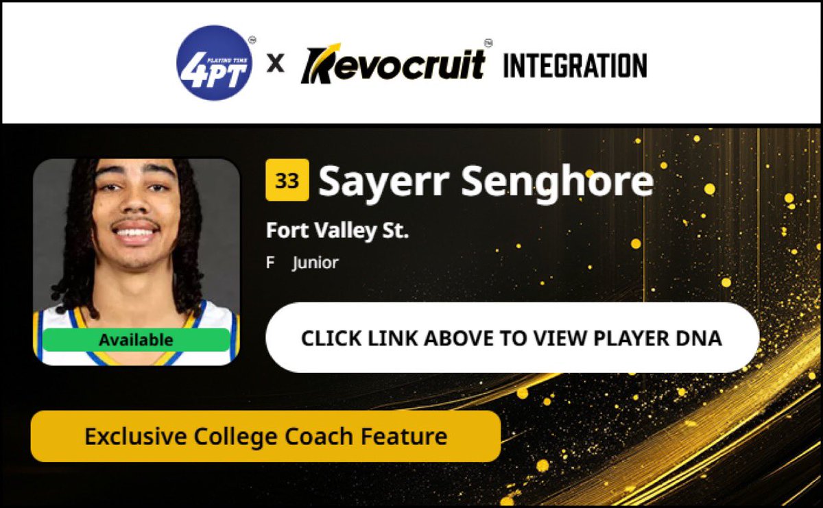 CBB Transfer Portal Spotlight

Sayerr Senghore
6'8" 205
Forward
Fort Valley State

2024-25 Stats (29 Games):
📊 13.0 PPG, 8.7 RPG, 0.8 APG, 57.0 FG%

Coach Exclusive Revocruit Player DNA:
🔗 applink.revocruitathlete.com/player/69163

#TP4PT #TransferPortal